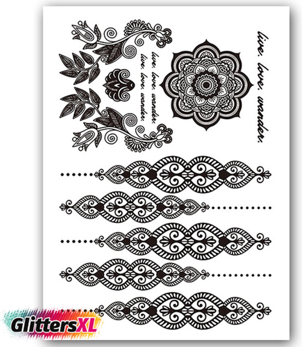 GlittersXL - Temporary Tattoo Henna (A5 formaat) [Neptattoo - Tijdelijke tatoeage - Nep Fake Tattoos - Water overdraagbare festival sticker henna outfit tattoo - Glitter tattoo - Volwassenen Kinderen Jongen Meisje]